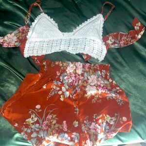 Two piece orangish brown floral set, with white crochet top